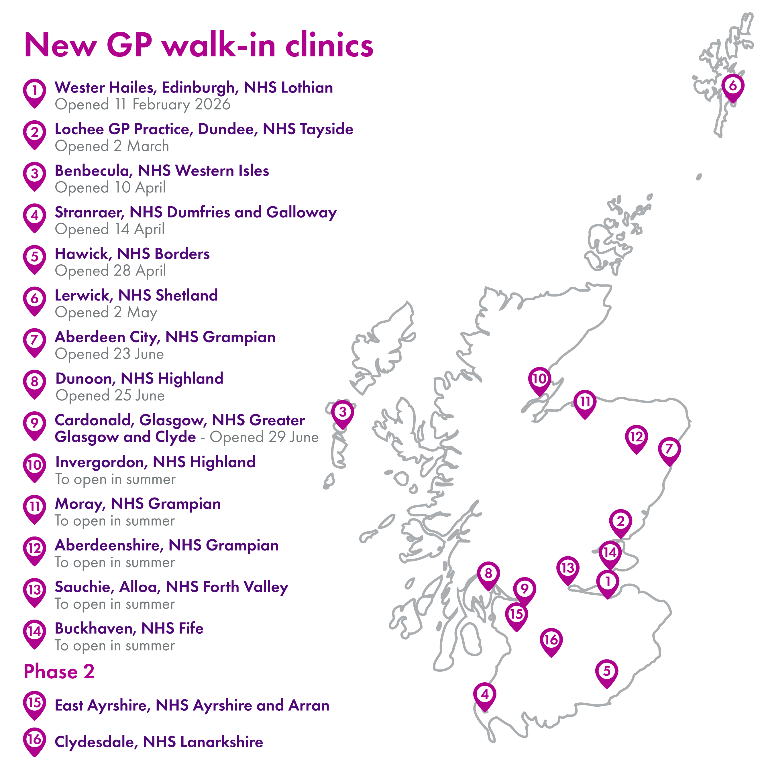 Map showing locations of the 16 walk-in clinics announced February 2025.